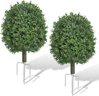 Artificial Boxwood Topiary Trees Outdoor Set of 2, UV Resistant Faux Outdoor Plants with Real Wood Trunk & Metal Ground Stakes, Wind Resistant Boxwood Ball Bushes for Front Porch Patio Entryway Decor