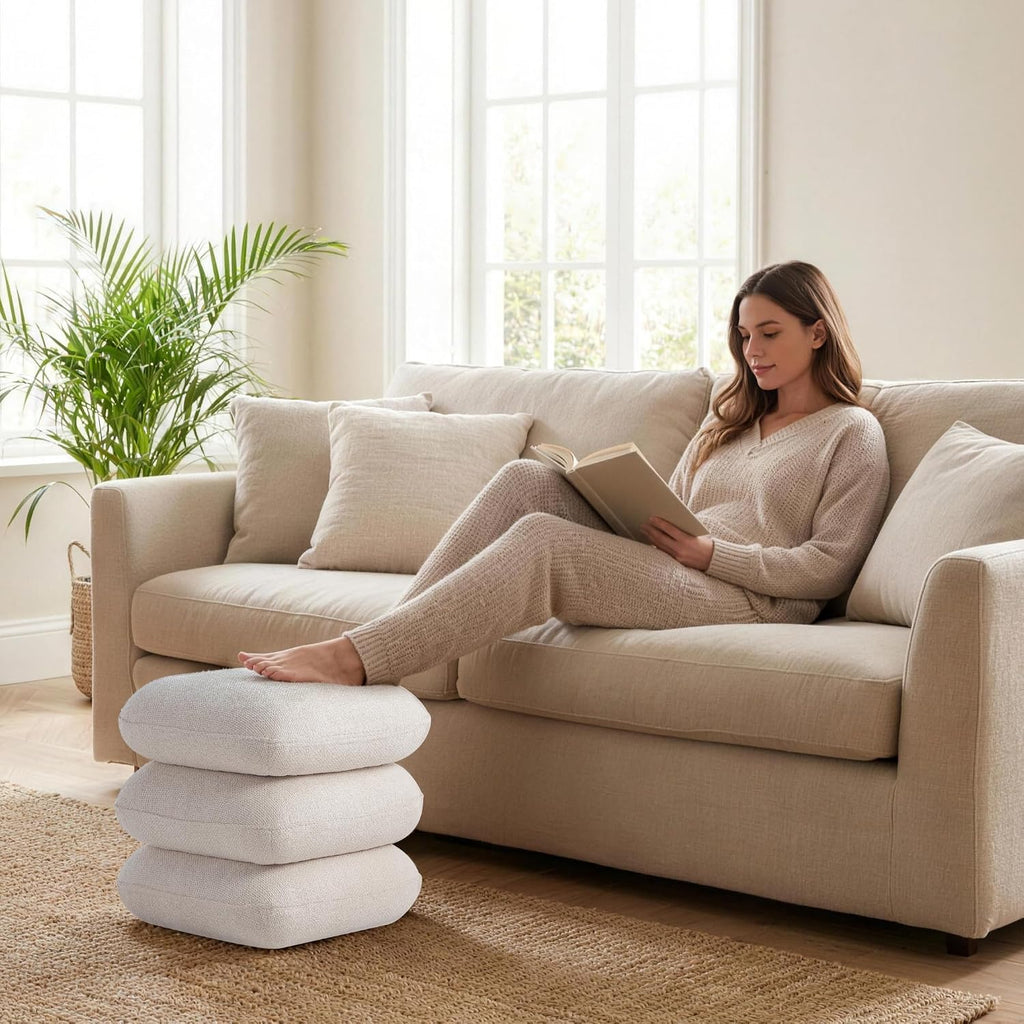 Get Set Style 360° Swivel Linen Ottoman, Modern Upholstered Foot Stool, Multifunctional Vanity Chair Accent Stool for Small Space, Living Room, Bedroom, Entryway, Warm Ivory