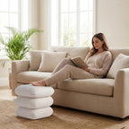 Get Set Style 360° Swivel Linen Ottoman, Modern Upholstered Foot Stool, Multifunctional Vanity Chair Accent Stool for Small Space, Living Room, Bedroom, Entryway, Warm Ivory
