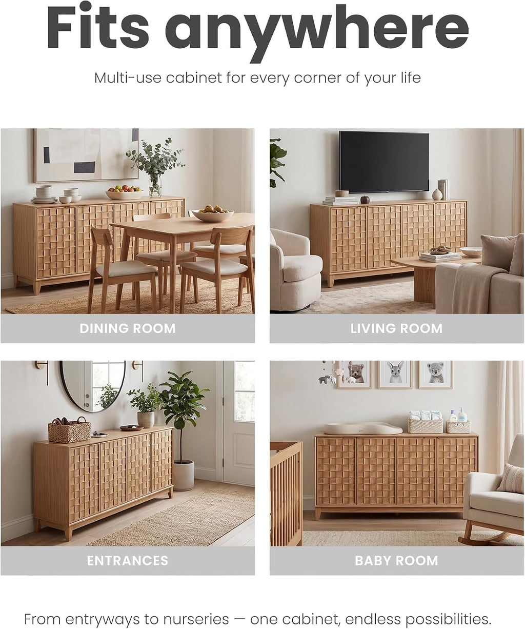 MALOL Fluted Sideboard Buffet Cabinet with Storage, 59" Wood Buffet Table with 4 Doors & Adjustable Shelves, Kitchen Dining Room Coffee Bar Cabinet, Mid Century Modern Style, Natural Wood