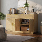 Fluted Sideboard Buffet Cabinet with Storage & 2 Drawers, Modern Buffet Table with Arched Design Doors & Adjustable Shelves, Wooden Accent Cabinet Coffee Bar fo Kitchen, Living Room (1Pc, Natural)