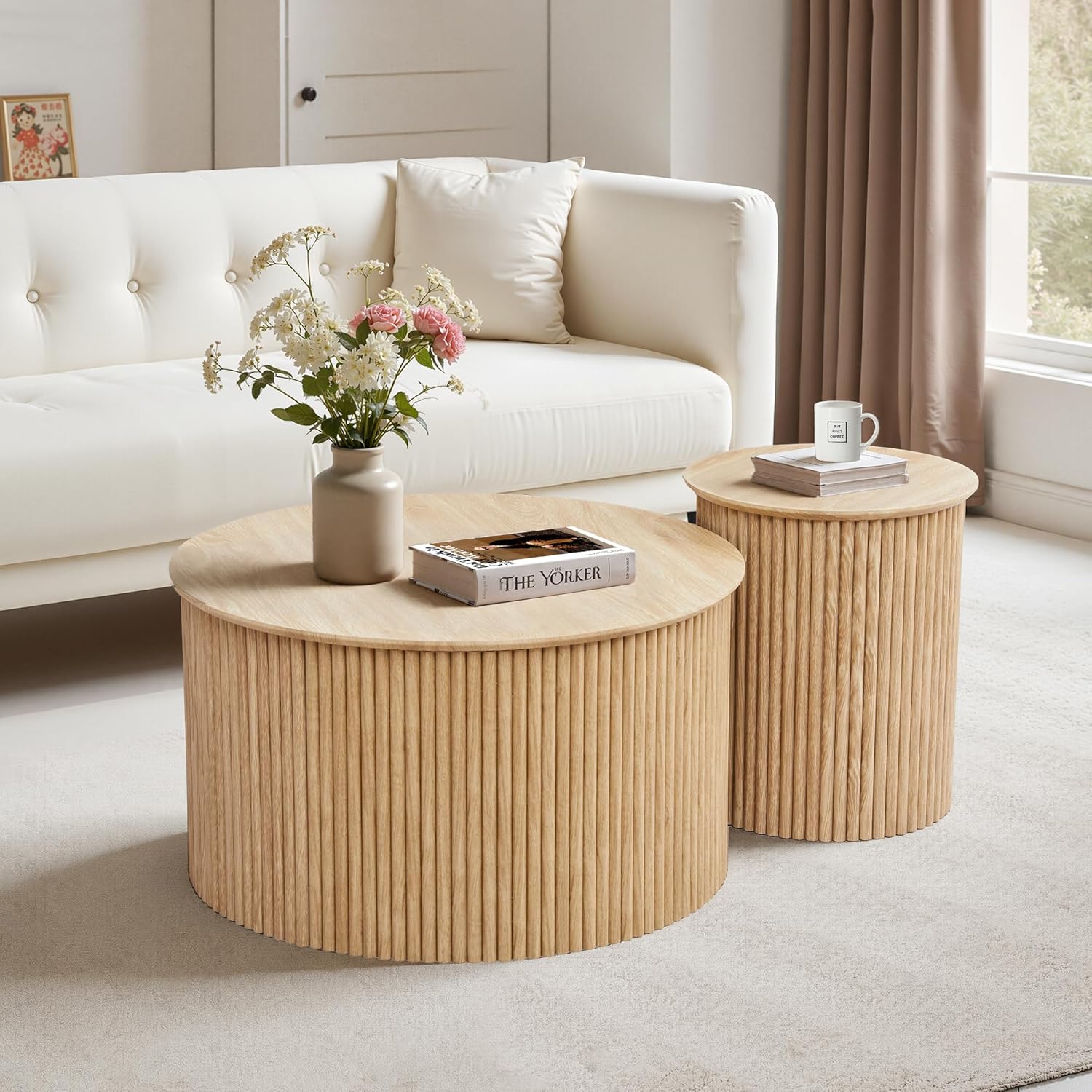 Fluted Round Nesting Coffee Table Set of 2, Mid Century Modern Wood Coffee Table and End Table Set, Minimalist Center Tables Circle Side Table for Living Room, Office(Natural)