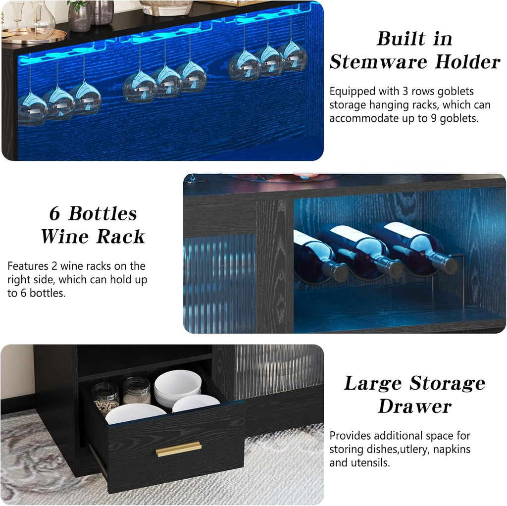 Wine Bar Cabinet with LED Lights Power Outlet Liquor for Home Black | Storage drawer, glass holders, wine racks, adjustable shelves, acrylic door, P2 MDF, for living room kitchen, modern design