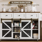 RALGEND Kitchen Island with Storage, 55" Kitchen Cart with Charging Station, Rolling Kitchen Island Table with Drop-Leaf, 3 Drawers, Barn Doors, Towel Rack and Spice Rack, White and Walnut