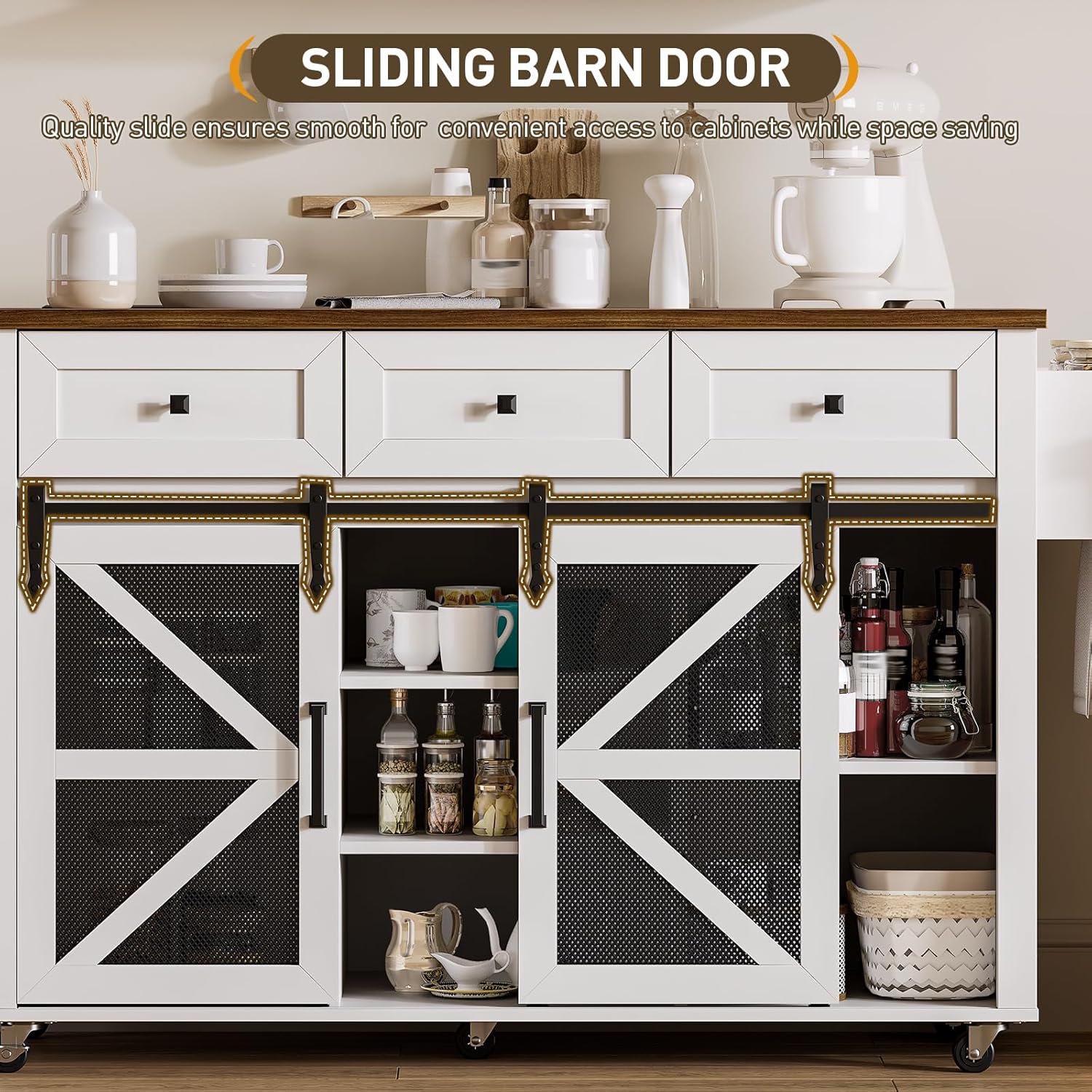 RALGEND Kitchen Island with Storage, 55" Kitchen Cart with Charging Station, Rolling Kitchen Island Table with Drop-Leaf, 3 Drawers, Barn Doors, Towel Rack and Spice Rack, White and Walnut