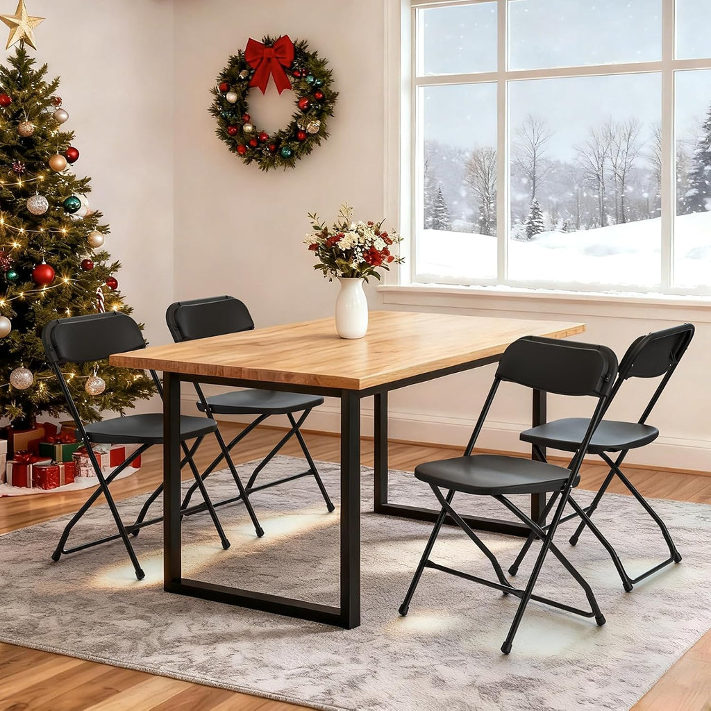 Folding Chairs 4 Pack, Outdoor Plastic Sturdy Metal Folding Chairs for Outside Indoor, Portable 350 lbs Capacity Heavy Duty Foldable Commercial Seating for Picnic, Party, Patio, Office, Black Color