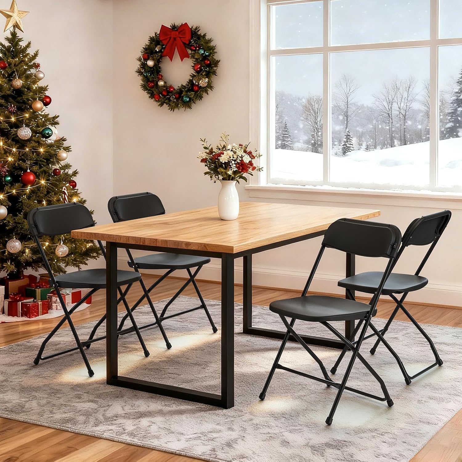 Folding Chairs 4 Pack, Outdoor Plastic Sturdy Metal Folding Chairs for Outside Indoor, Portable 350 lbs Capacity Heavy Duty Foldable Commercial Seating for Picnic, Party, Patio, Office, Black Color