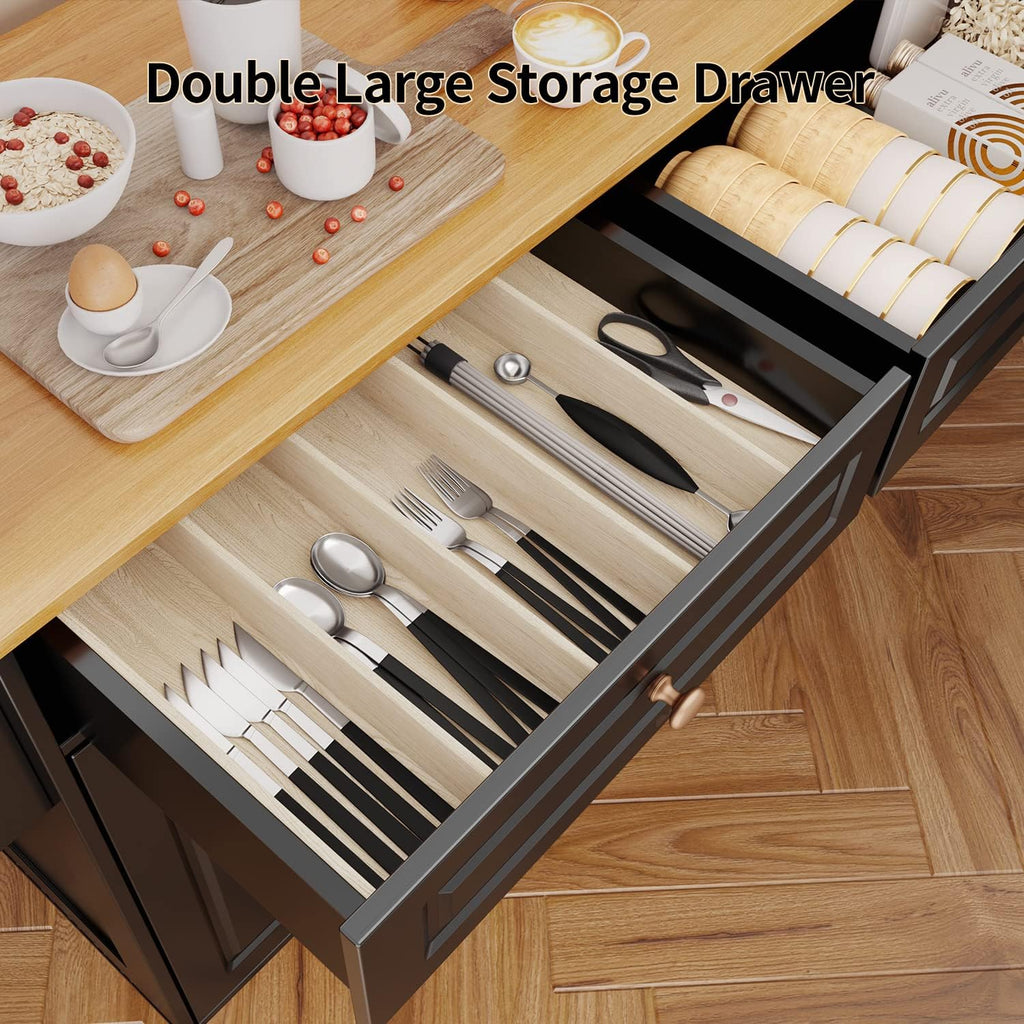 Aiho Kitchen Island Cart with Folding Drop Leaf, 52" Width Mobile Carts with Storage Cabinet, Rolling Kitchen Table with Spice Rack, Towel Rack, and Drawer, Black