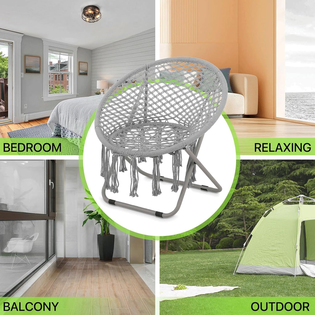 Magshion Boho Saucer Chair for Adults, Folding Chair with Tassels Cotton Rope Mesh, Cozy Moon Chair for Indoor Outdoor Home, Garden, Patio, Yard Decor and Relaxation (Grey, Set of 2)