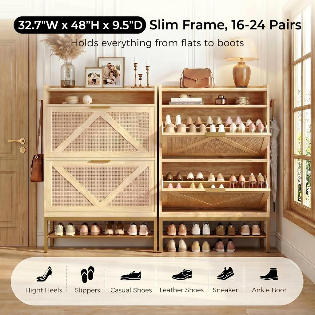 IRONCK Shoe Storage Cabinet with 2 Flip Drawers, 47.9" Tall Narrow Entryway Shoe Storage, Free Standing with 4 Side Hooks and Bottom Metal Rack, Natural Rattan Shoe Rack for Hallway and Entryway