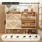 IRONCK Shoe Storage Cabinet with 2 Flip Drawers, 47.9" Tall Narrow Entryway Shoe Storage, Free Standing with 4 Side Hooks and Bottom Metal Rack, Natural Rattan Shoe Rack for Hallway and Entryway
