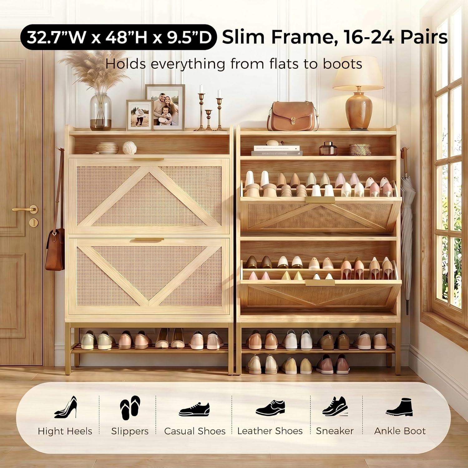 IRONCK Shoe Storage Cabinet with 2 Flip Drawers, 47.9" Tall Narrow Entryway Shoe Storage, Free Standing with 4 Side Hooks and Bottom Metal Rack, Natural Rattan Shoe Rack for Hallway and Entryway