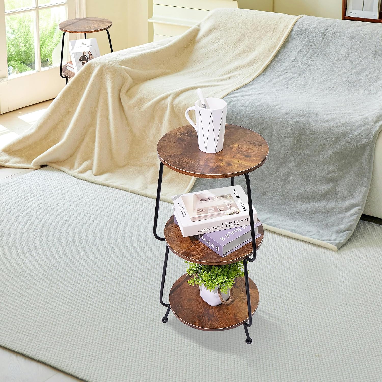 Small Round Side Table - 3 Tier End Table with Storage Shelf, Slim Industrial Coffee Table for Small Spaces, Living Room & Bedroom Narrow Gaps, Rustic Brown