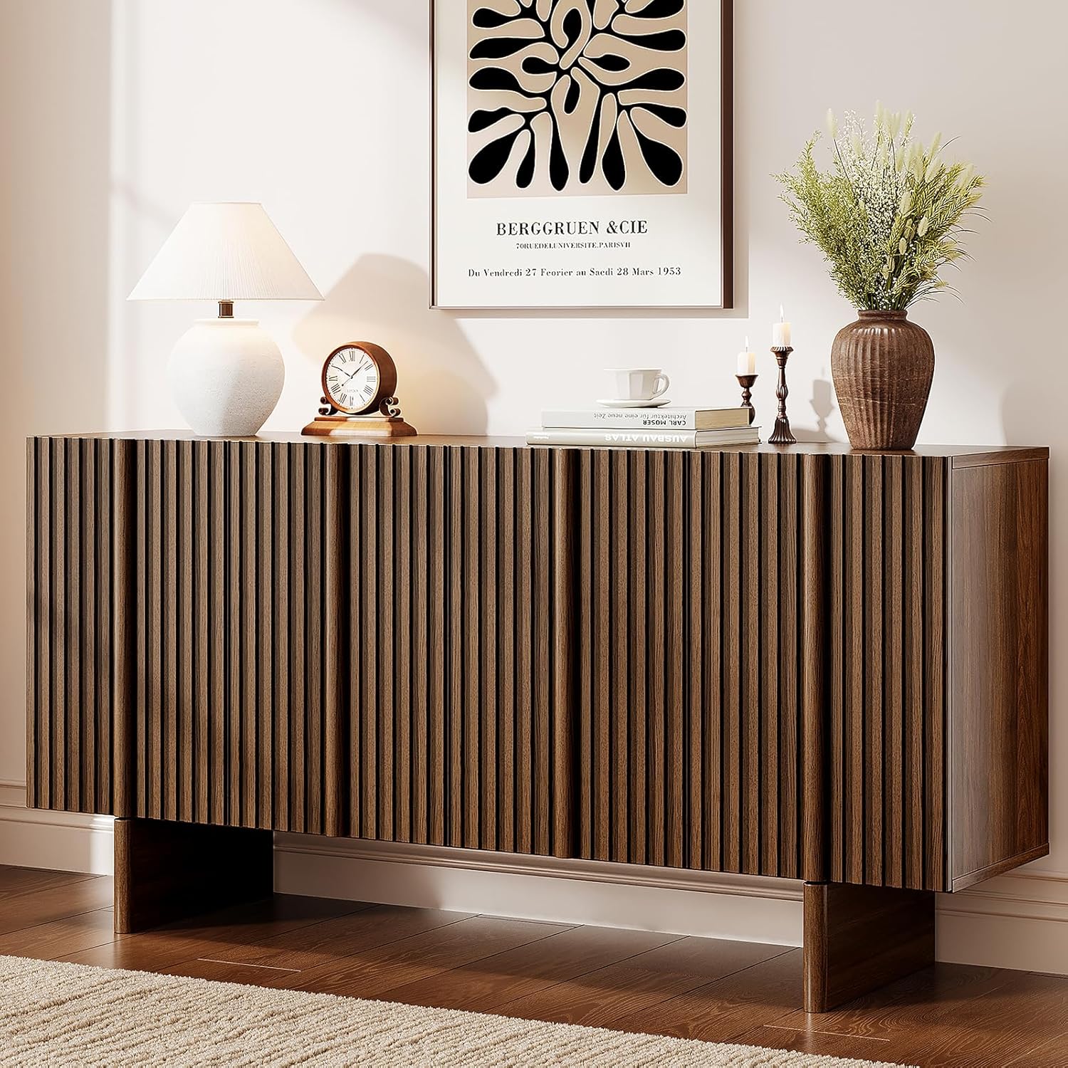 ONBRILL 63" Fluted Sideboard Buffet Cabinet with Storage, Large Sideboard Cabinet with Adjustable Shelves, Modern Credenza with 4 Doors, Kitchen Cabinets for Living Room, Entryway, Black