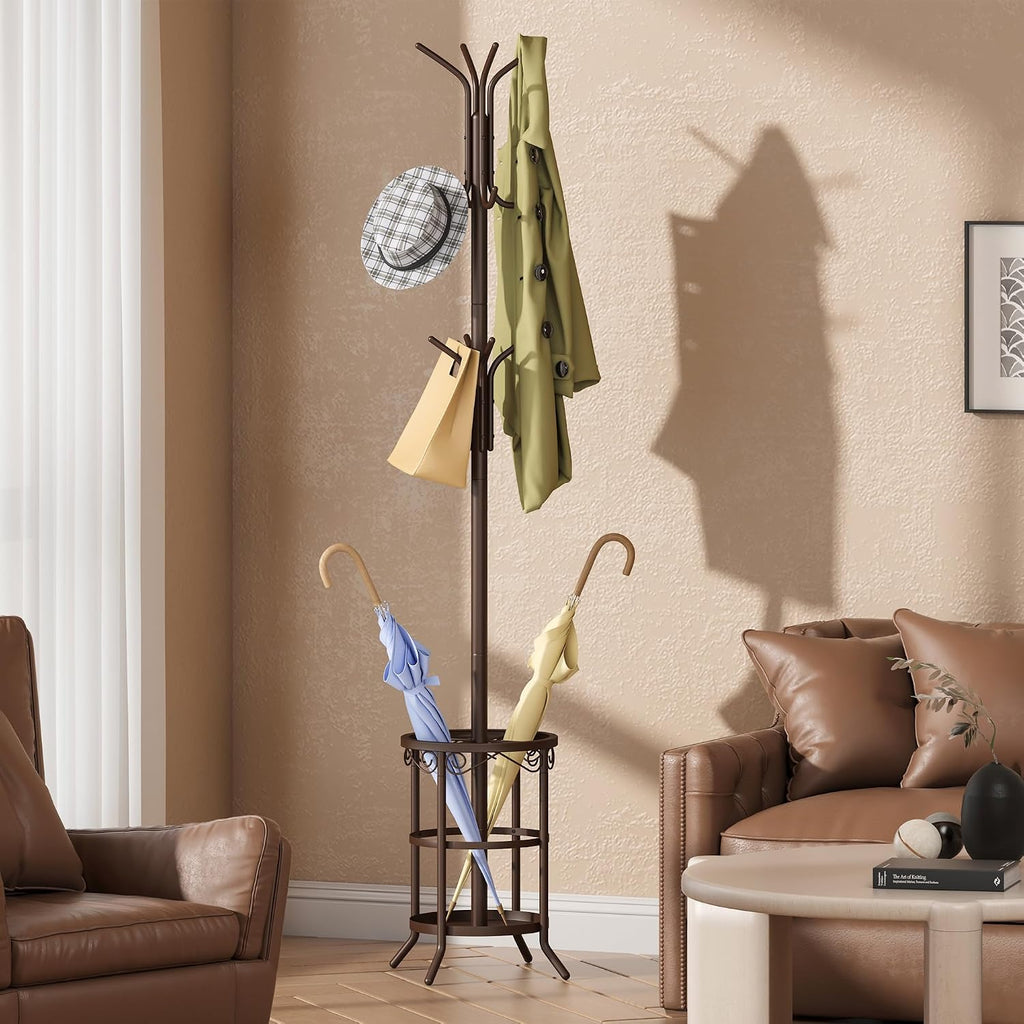 GHWIE Coat Rack Freestanding, Coat Tree with Umbrella Holder, Metal Coat Rack Stand with 12 Hooks, Standing Coat Hanger Stand, Umbrella Stand for Entryway, Hat Rack Stand for Home Office, Brown