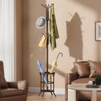 GHWIE Coat Rack Freestanding, Coat Tree with Umbrella Holder, Metal Coat Rack Stand with 12 Hooks, Standing Coat Hanger Stand, Umbrella Stand for Entryway, Hat Rack Stand for Home Office, Brown