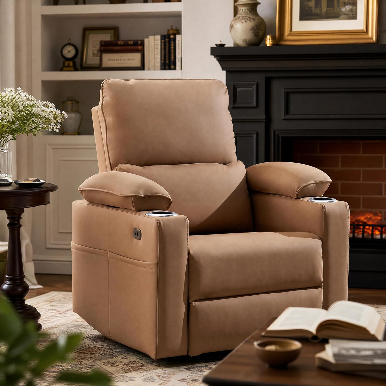 270° Swivel Rocker Recliner with Adjustable Armrests,Oversized Power Nursery Recliner with Heating and Massgae,Rocking Chair Nursery with One-Touch Reset,Double Cup Holder,Faux Leather,Brown