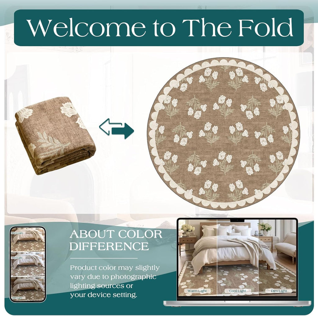 Tan 6ft Round Area Rug for Living Room - Large Washable Floral Neutral Farmhouse Scalloped Circle Rug for Bedroom Stain Resistant Dining Room Rugs for Under Round Table Carpet for Living Room