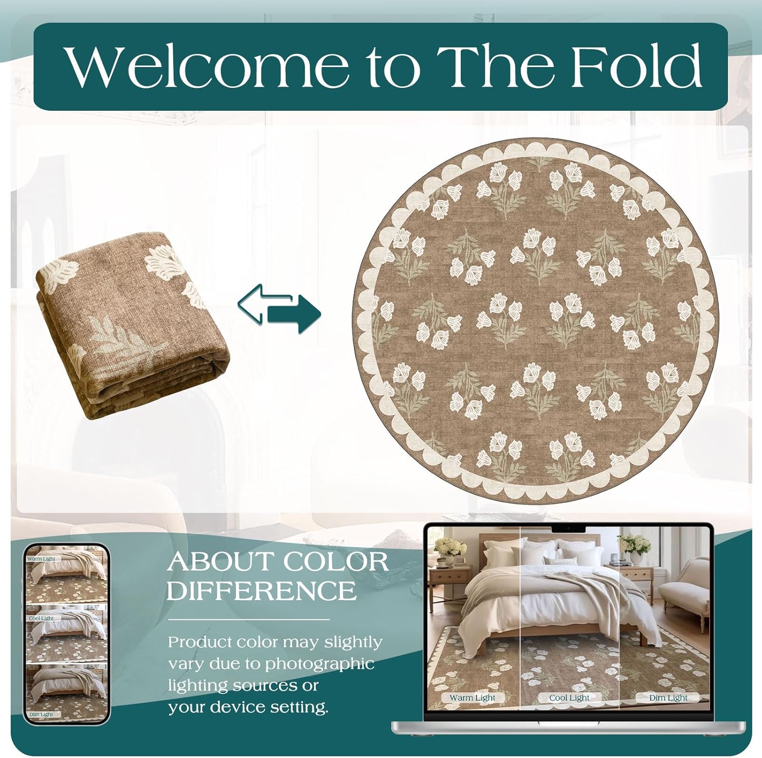 Tan 6ft Round Area Rug for Living Room - Large Washable Floral Neutral Farmhouse Scalloped Circle Rug for Bedroom Stain Resistant Dining Room Rugs for Under Round Table Carpet for Living Room