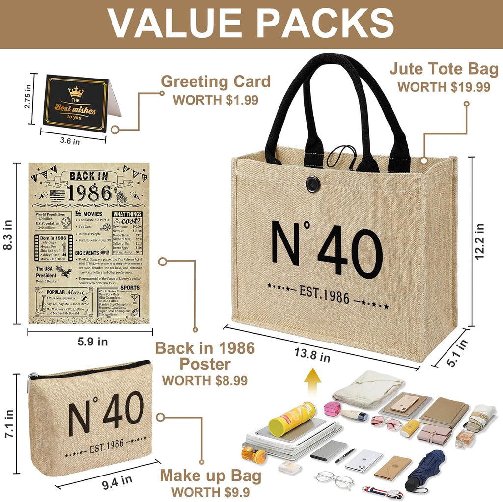 YeohJoy 40th Birthday Gifts for Women Jute Tote Bag, Vintage N°40 Burlap Handbag with Cosmetic Bag and Back in 1986 Poster, Unique 40 Years Old Gifts for Mom Wife Friends Sister Her