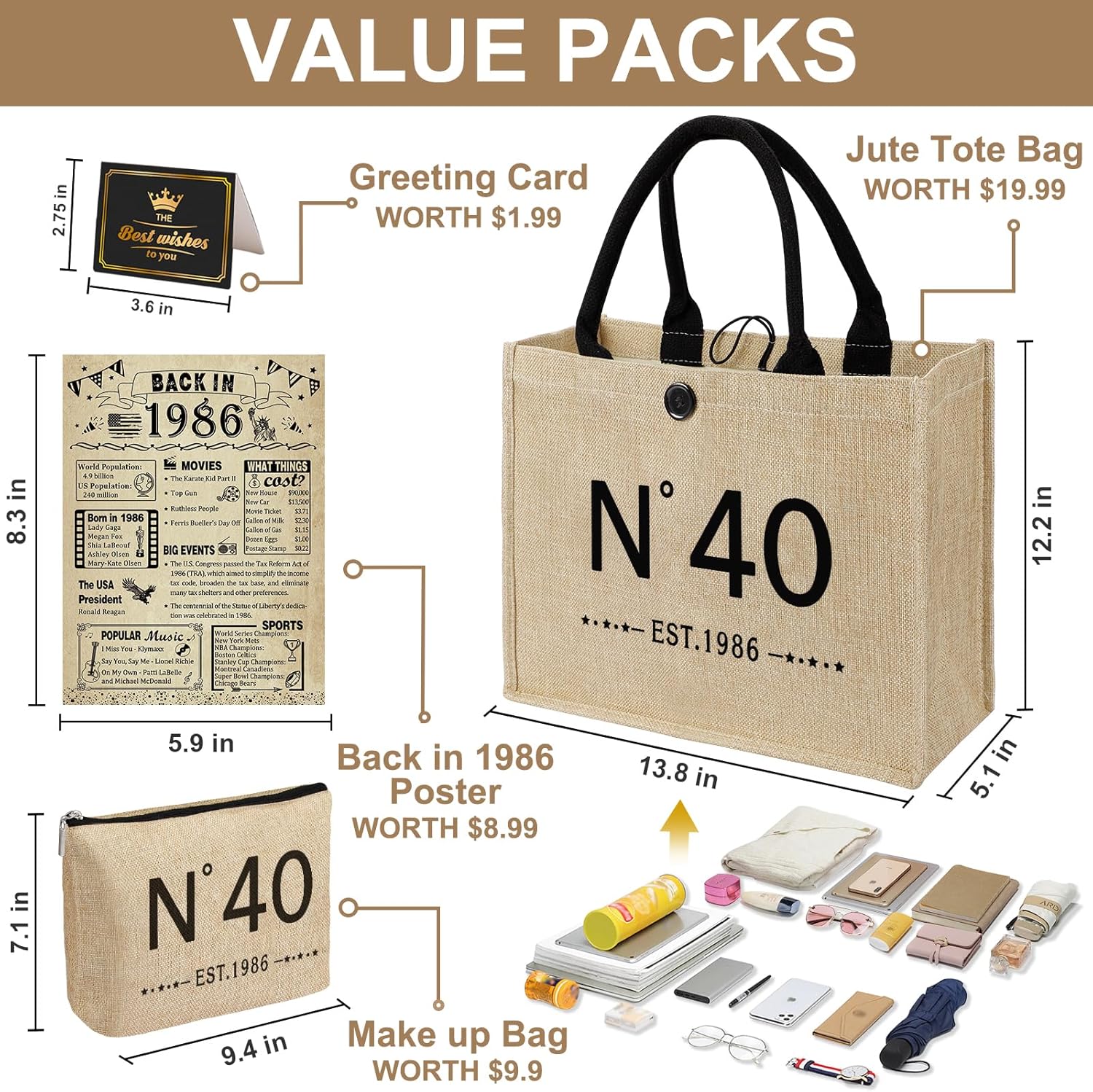 YeohJoy 40th Birthday Gifts for Women Jute Tote Bag, Vintage N°40 Burlap Handbag with Cosmetic Bag and Back in 1986 Poster, Unique 40 Years Old Gifts for Mom Wife Friends Sister Her