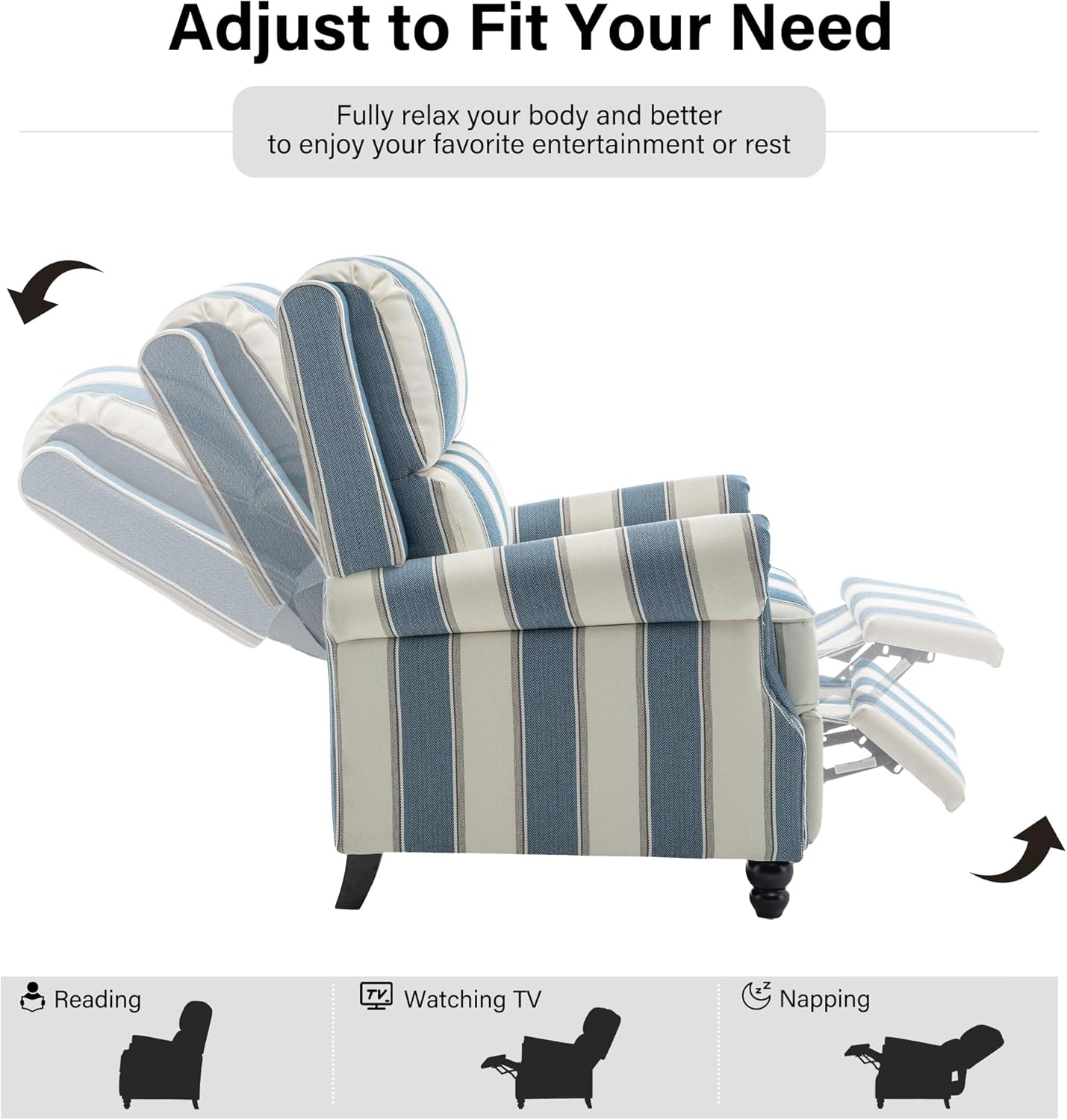 Recliner Chair, Modern Pushback Armchair with Adjustable Backrest & Footrest for Bedroom, Living Room, Navy Blue Stripe,Set of 1