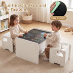 Costzon 3 PCS Kids Table and Chairs, All in One Wooden Montessori Desk Set w/Chalkboard, Storage Shelves, Toddler Table and Chair Set for Home, School (White, Elephant)