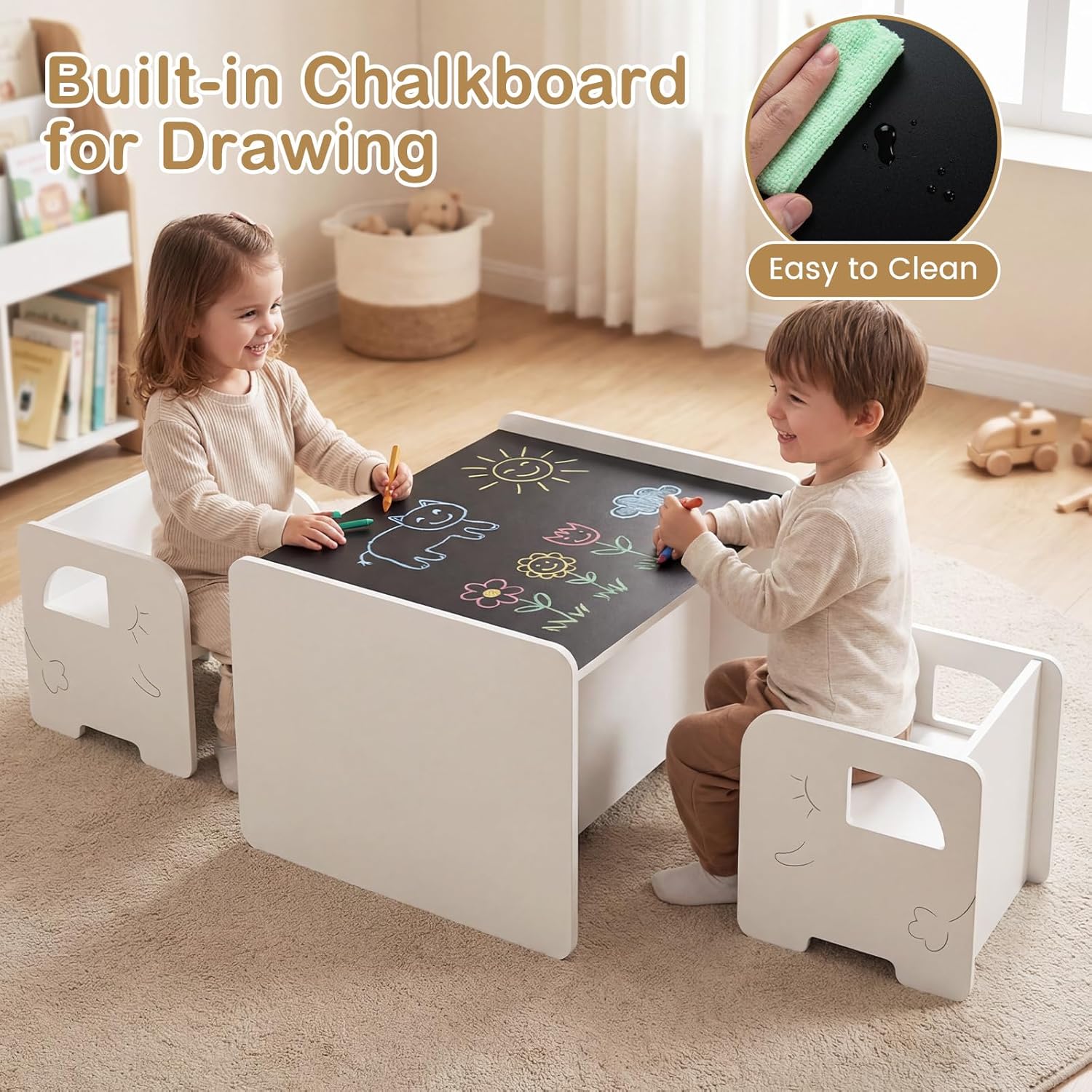 Costzon 3 PCS Kids Table and Chairs, All in One Wooden Montessori Desk Set w/Chalkboard, Storage Shelves, Toddler Table and Chair Set for Home, School (White, Elephant)