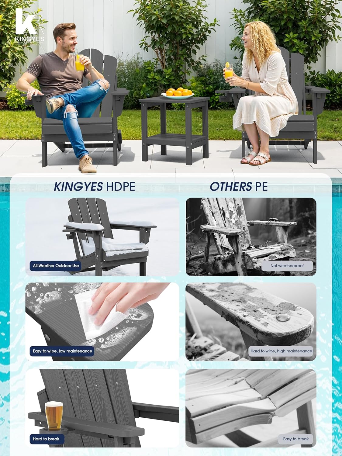 KINGYES Adjustable Folding Adirondack Chair Set of 2, 3-Position Reclining Adirondack Chairs with Cup Holder, HDPE All-Weather Oversized Adirondack for Outdoor, Patio, Backyard Deck, Fire Pit, Gray