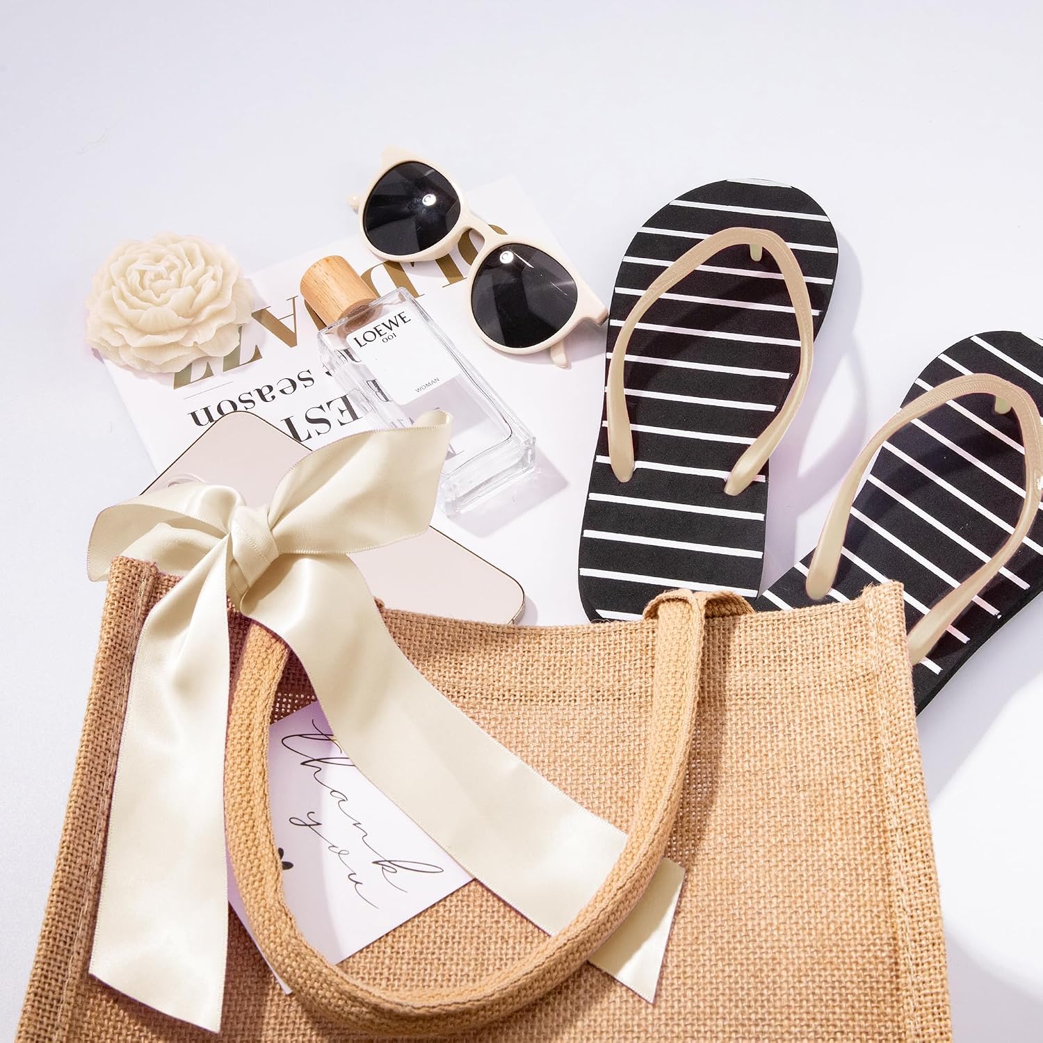 6 Pack Burlap Tote Bags with Handles Reusable Medium Jute Gift Bags with Light Beige Silk Ribbons Waterproof Lining for Wedding Bridesmaid Mother's Day Bachelorette Beach Party
