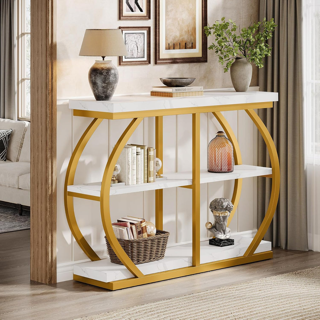 Tribesigns 41.3" Console Table, Industrial 3-Tier Entryway Table with Arched Metal Frame and Storage Shelves for Living Room, Hallway, White Gold