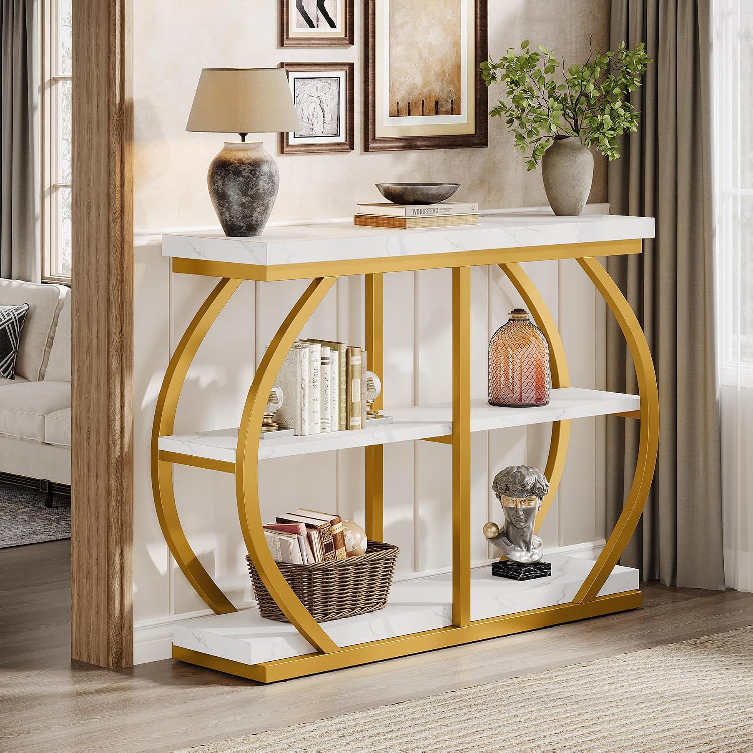Tribesigns 41.3" Console Table, Industrial 3-Tier Entryway Table with Arched Metal Frame and Storage Shelves for Living Room, Hallway, White Gold