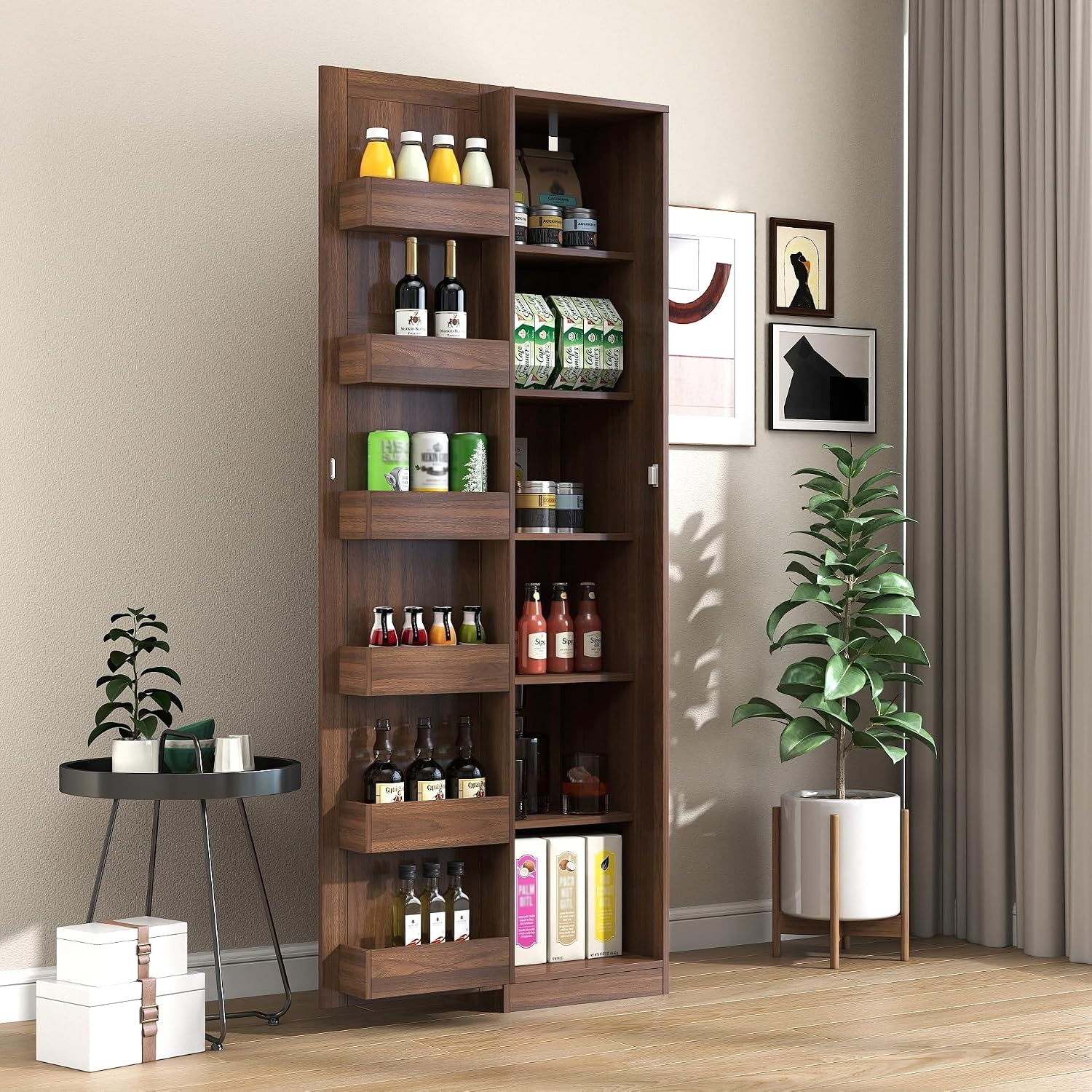 Mid Century Modern Kitchen Pantry Cabinet, 71" Tall Storage Cabinet with Door Racks & Multi-Tier Shelves, Rustic Wood Cupboard for Kitchen, Dining Room, Walnut