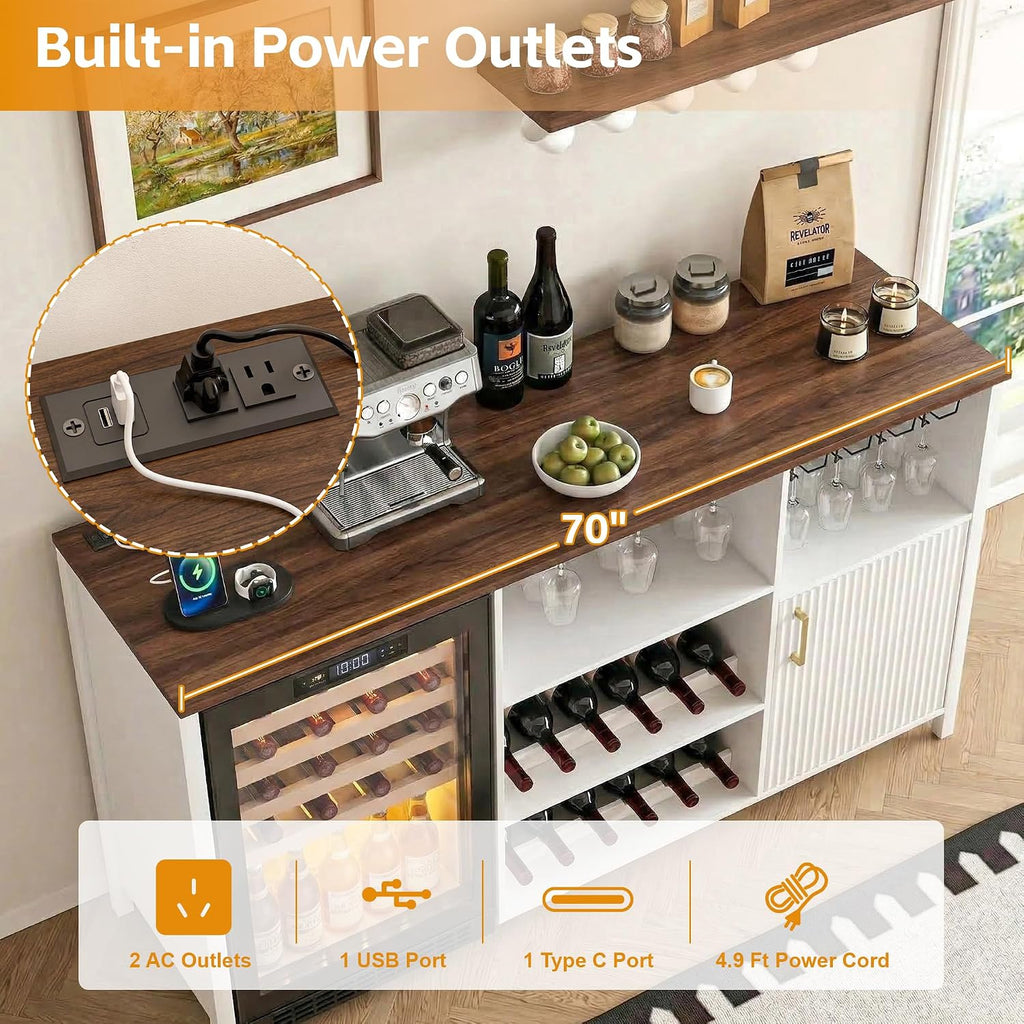70" Large Coffee Bar Cabinet with Power Outlet, Mini Fridge Cabinet with Adjustable Shelf Wine Rack Glass Holder Liquor Wine Bar Storage, White Fluted Buffet Sideboard Table for Kitchen Dining Room
