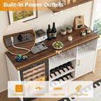 70" Large Coffee Bar Cabinet with Power Outlet, Mini Fridge Cabinet with Adjustable Shelf Wine Rack Glass Holder Liquor Wine Bar Storage, White Fluted Buffet Sideboard Table for Kitchen Dining Room