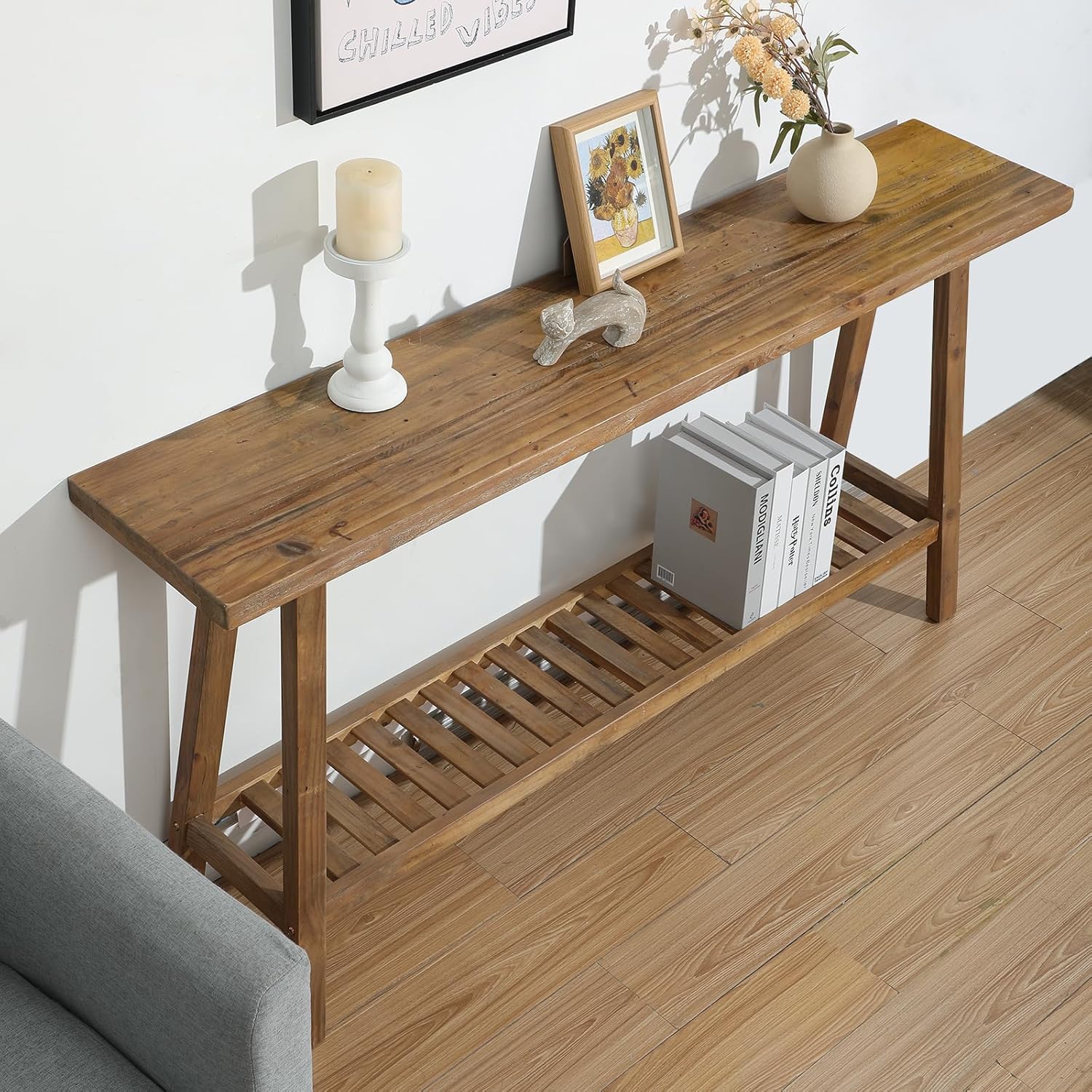 HOKYHOKY Reclaimed Solid Wood Console Table, 59" Farmhouse Entryway Tables | Long Rectangular Couch Table Behind Sofa, 2 Tiers Accent Tables, Hallway, Entrance, Foyer, Living Room