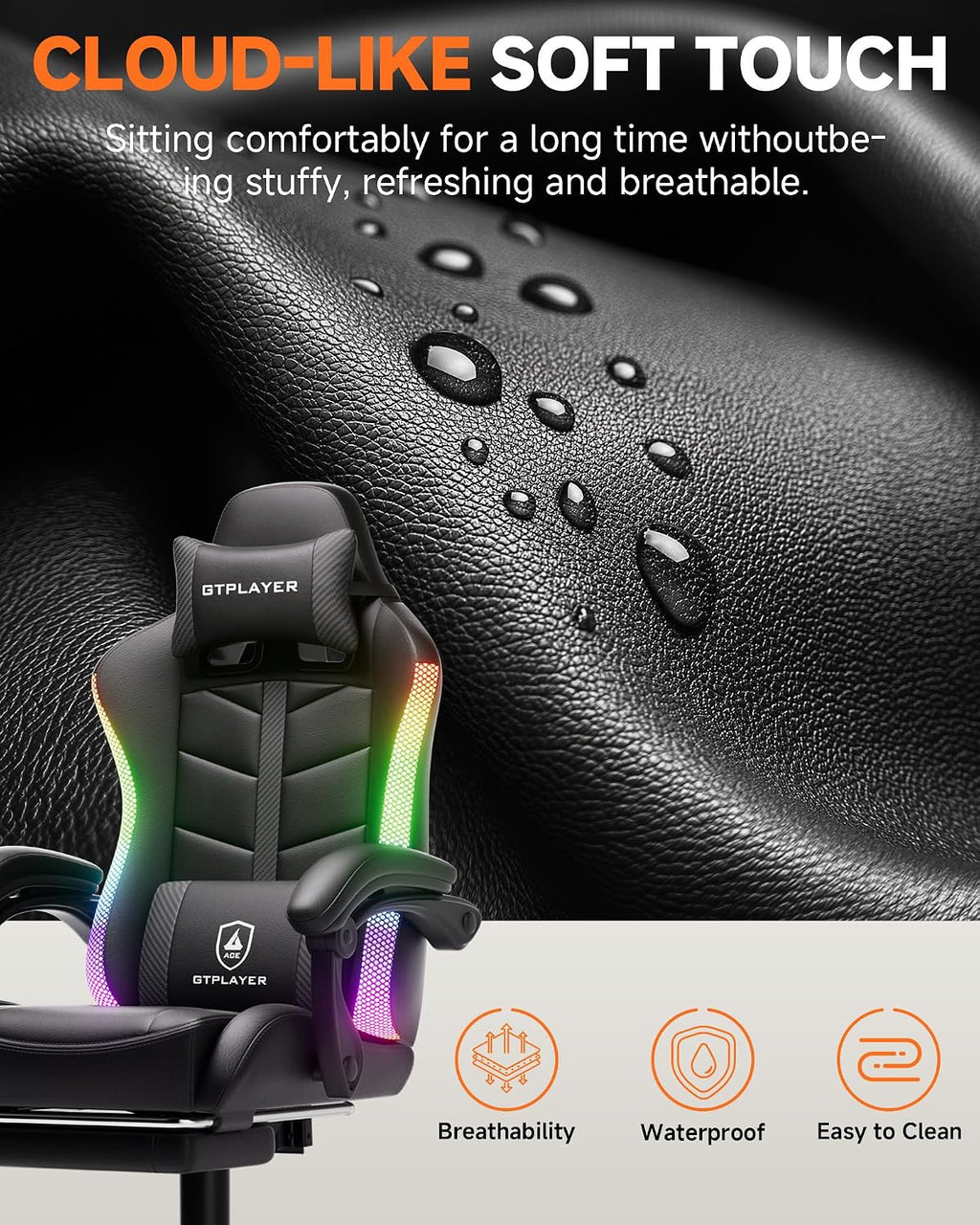 GTPLAYER Gaming Chair, Ergonomic Computer Office Chairs for Adults with Footrest, Height Adjustable, Linkage Armrests, 90-155° Recline & Headrest Lumbar Support, RGB Black