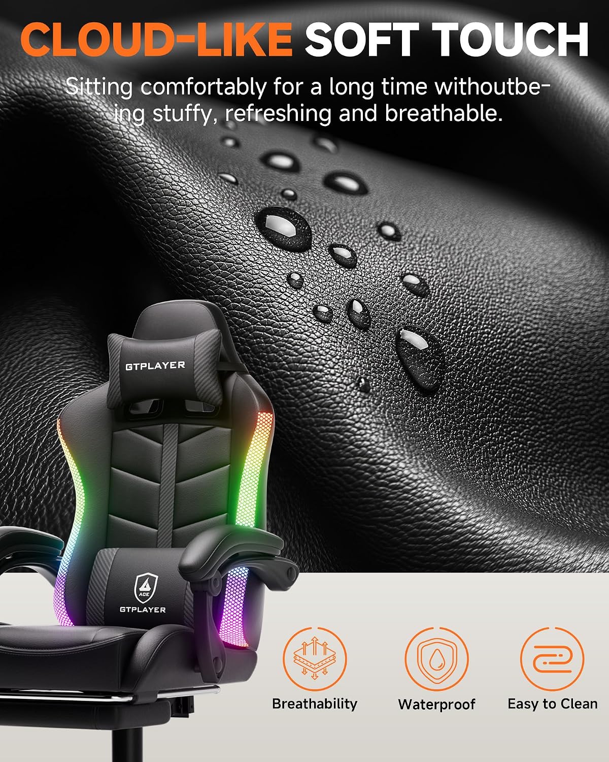 GTPLAYER Gaming Chair, Ergonomic Computer Office Chairs for Adults with Footrest, Height Adjustable, Linkage Armrests, 90-155° Recline & Headrest Lumbar Support, RGB Black