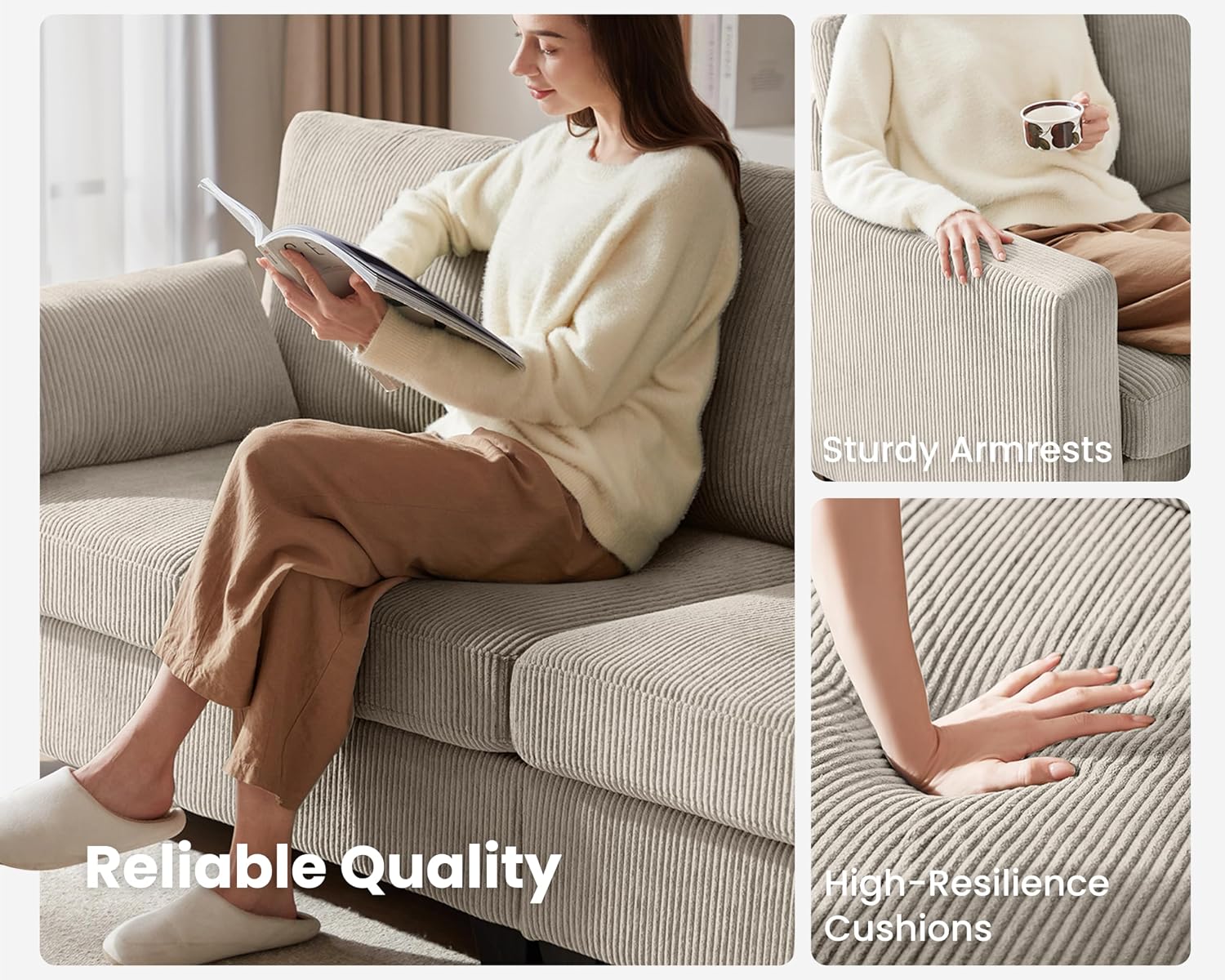 CHIC HOUSE Middle Module for Modular Couch, Corduroy Customizable Chaise, Storage Ottoman for Sectional Sofa, Armrest, Single/Double Seater