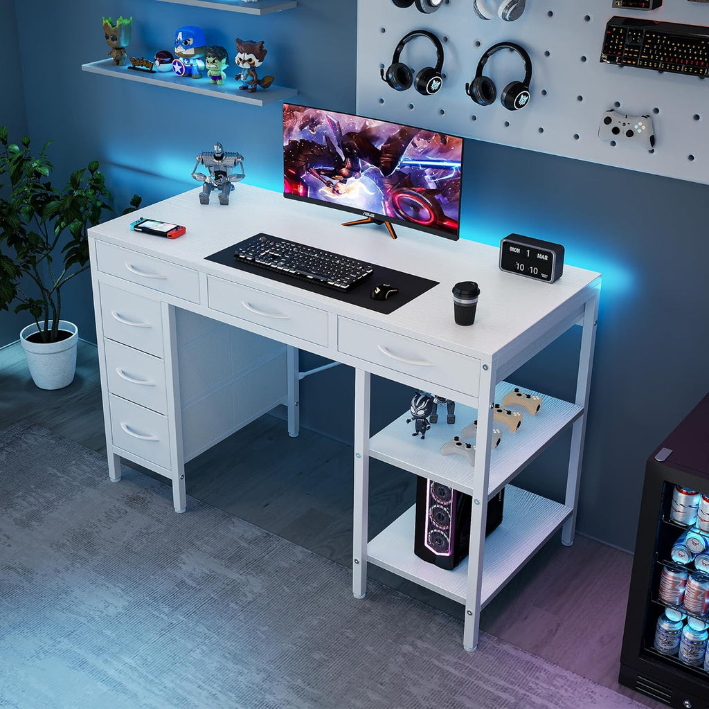 OLIXIS Computer Desk with 6 Drawers, 47 inch Office Desk with Storage Shelves, Reversible Gaming Desk, Corner Desk with Storage Drawers, Work for Home Office, Study, Living Room, White