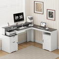 MALOL 63" Farmhouse L Shaped Executive Desk, Corner Computer Desk with Drawers & Storage Shelf, Home Office Desk with Power Outlet, Monitor Stand, Wood Grain Desktop, White & Black