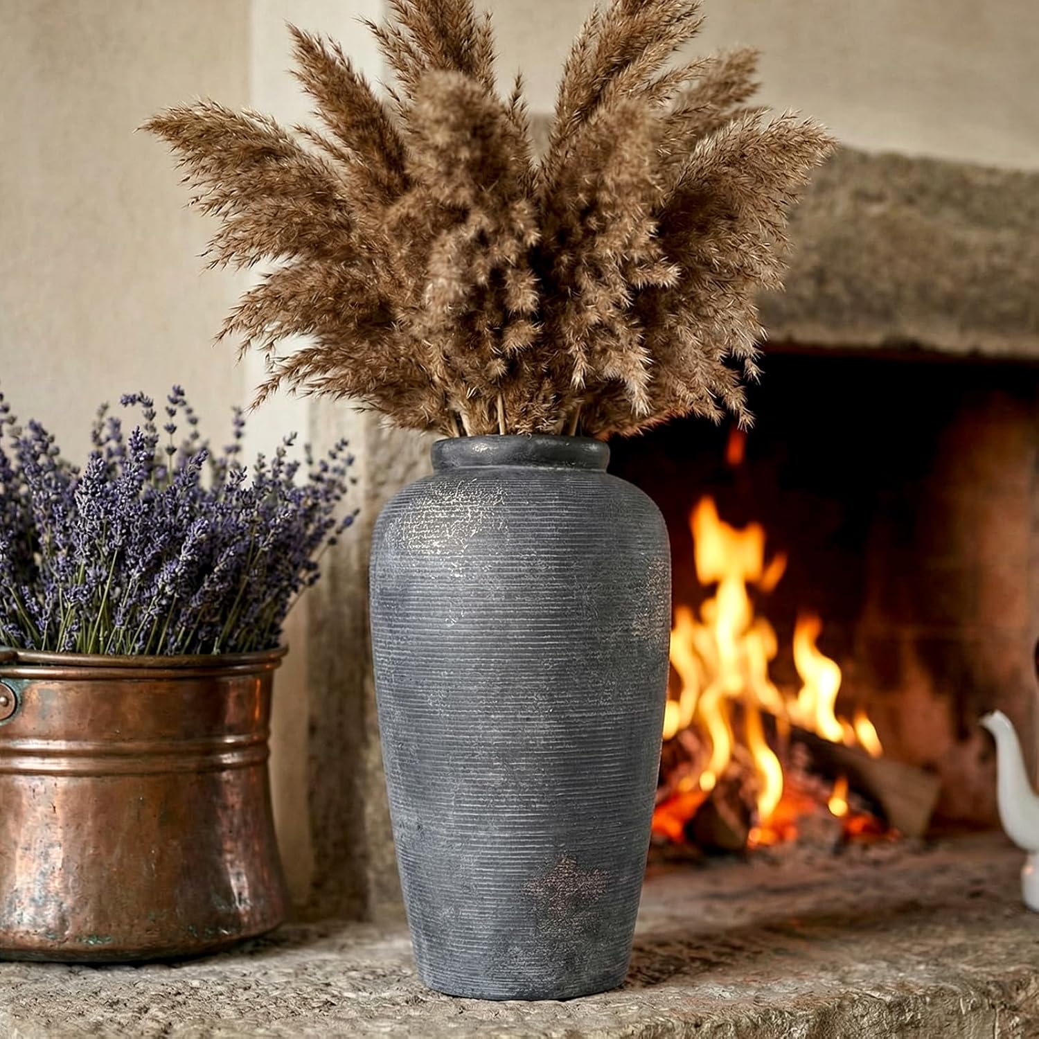 Rustic Distressed Ceramic Threaded Vase, 11"H Handmade Wabi Sabi Decor Vase (Deep Charcoal with Light Gray Weathering and Wheat Beige Patches) for Living Room Table Centerpieces, Entryway & Fireplace