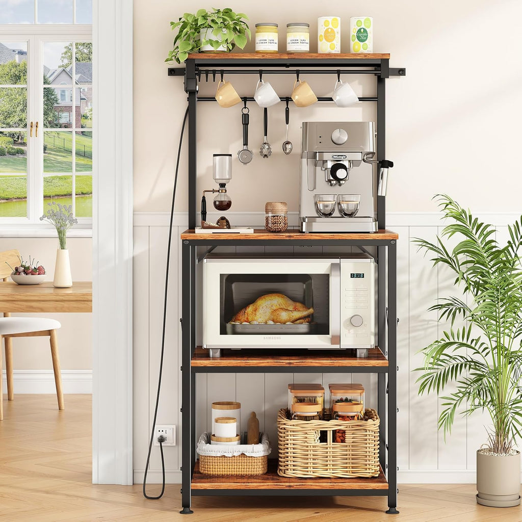 SNTD Bakers Rack with Power Outlet, Kitchen Shelves Microwave Stand with Wire Grid and 10 Hooks, 4 Tiers Coffee Stand (Rustic Brown, 21.7 x 14.2 x 49.6 Inches)