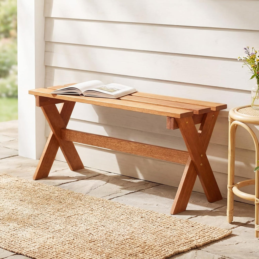 Tangkula Outdoor Wood Bench Backless, Patio Dining Bench with Teak Oil Finish & Slatted Seat, X-Shaped Frame, Farmhouse Wooden Bench Plant Stand, Outside Bench for Porch, Garden, Entryway (1)