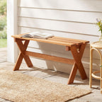 Tangkula Outdoor Wood Bench Backless, Patio Dining Bench with Teak Oil Finish & Slatted Seat, X-Shaped Frame, Farmhouse Wooden Bench Plant Stand, Outside Bench for Porch, Garden, Entryway (1)