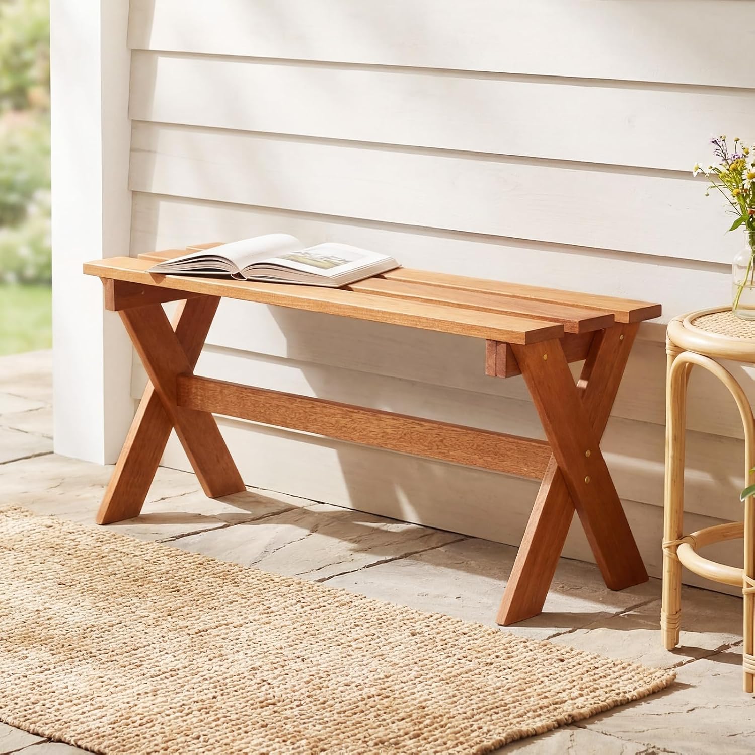 Tangkula Outdoor Wood Bench Backless, Patio Dining Bench with Teak Oil Finish & Slatted Seat, X-Shaped Frame, Farmhouse Wooden Bench Plant Stand, Outside Bench for Porch, Garden, Entryway (1)