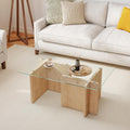 Miereirl Modern Glass Coffee Table, Rectangle Coffee Table Glass Top with Sturdy Wooden Base, Small Glass Wood Coffee Table for Living Room, Apartment, Office, Easy Assembly (Natural)