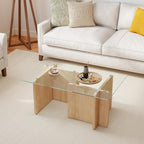 Miereirl Modern Glass Coffee Table, Rectangle Coffee Table Glass Top with Sturdy Wooden Base, Small Glass Wood Coffee Table for Living Room, Apartment, Office, Easy Assembly (Natural)