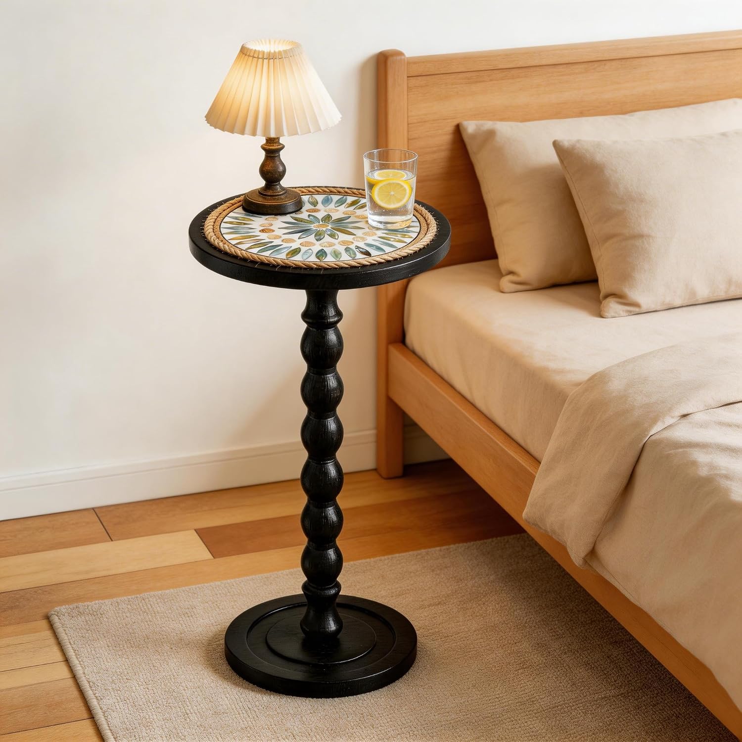 Round Side Table, Small Drink Table for Small Spaces, Rustic Accent Nightstand with Solid Wood Leg for Living Room, Bedroom, Corners, and Office, Handcrafted Finish (Black)
