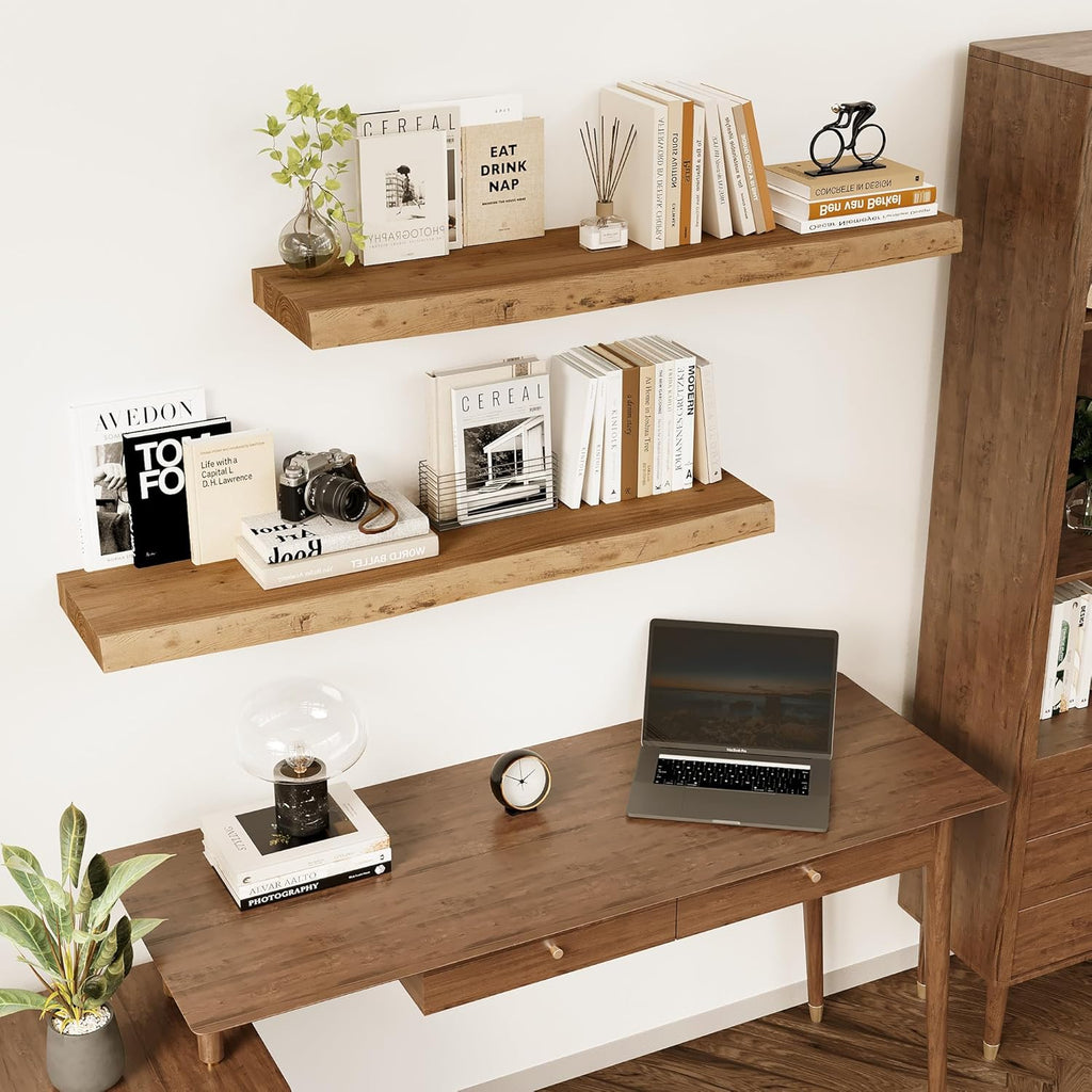 Vivelove Live Edge Floating Shelves Solid Wood, Elm Shelves for Wall with Invisible Bracket for Living Room Bedroom Bathroom Office Book, Rustic Farmhouse Wooden Shelf, 32 Inch Set of 2- Natural